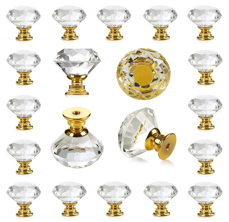 DeELF Outlet DEELF 26 Packs Kitchen Cabinet Knobs, 30 mm Crystal Cabinet Knobs Diamond Dresser Handle Drawer Pulls, Dresser Knobs for Cabinets and Drawers, Gold Base - Image 1